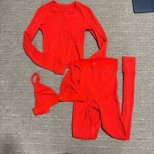 SKIMS Women's Red Long Sleeve Crop Henley + Cotton Rib Legging + bralette